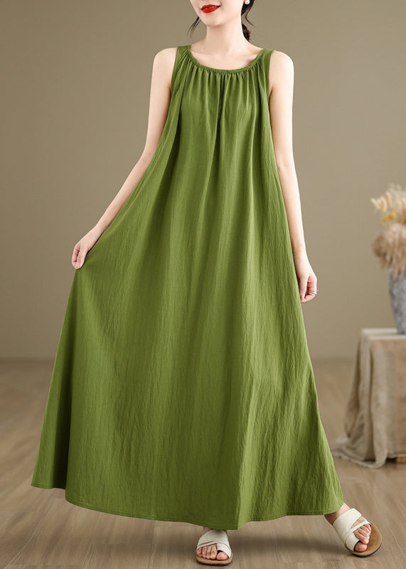 Loose Green Wrinkled Solid Cotton Maxi Dresses Sleeveless JH054 MMDM-SDL240717