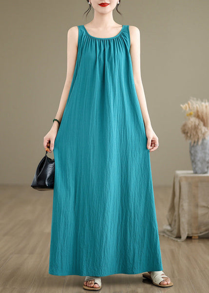 Loose Green Wrinkled Solid Cotton Maxi Dresses Sleeveless JH054 MMDM-SDL240717