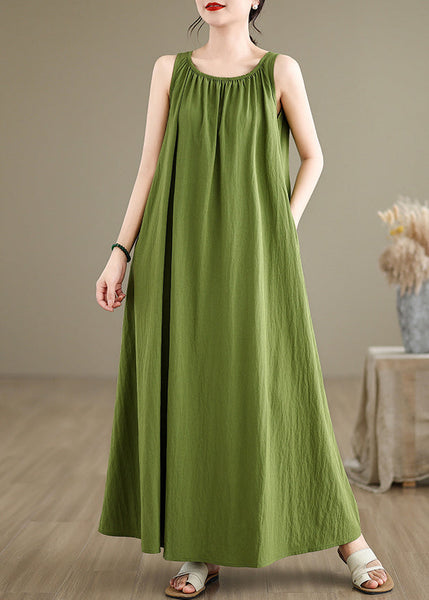 Loose Green Wrinkled Solid Cotton Maxi Dresses Sleeveless JH054 MMDM-SDL240717