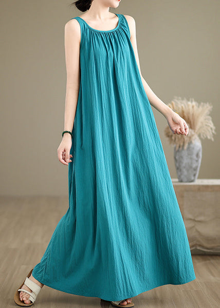Loose Green Wrinkled Solid Cotton Maxi Dresses Sleeveless JH054 MMDM-SDL240717