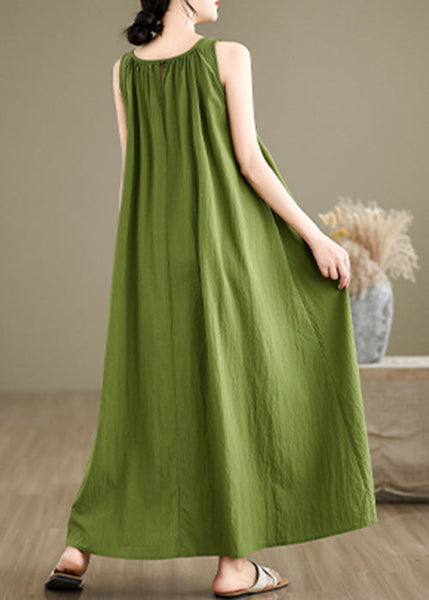 Loose Green Wrinkled Solid Cotton Maxi Dresses Sleeveless JH054 MMDM-SDL240717