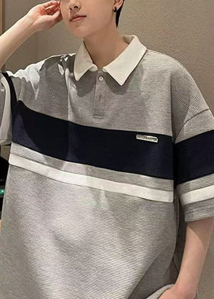 Polo Button Summer Cotton Shirts Loose Mens Grey Patchwork FashionChic