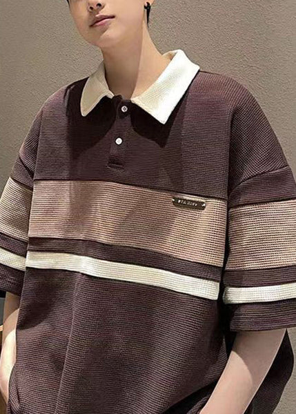 Polo Button Summer Cotton Shirts Loose Mens Grey Patchwork FashionChic