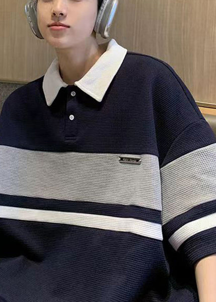 Polo Button Summer Cotton Shirts Loose Mens Grey Patchwork FashionChic