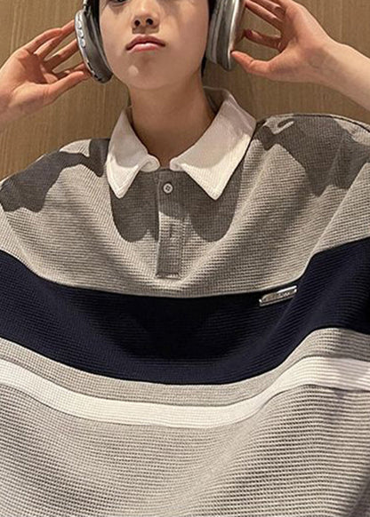 Polo Button Summer Cotton Shirts Loose Mens Grey Patchwork FashionChic