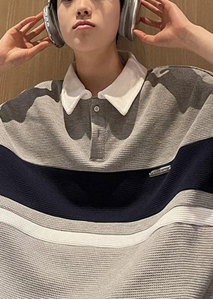 Polo Button Summer Cotton Shirts Loose Mens Grey Patchwork FashionChic