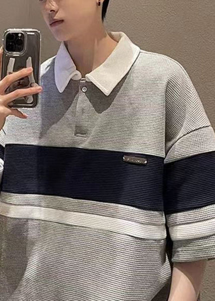 Polo Button Summer Cotton Shirts Loose Mens Grey Patchwork FashionChic