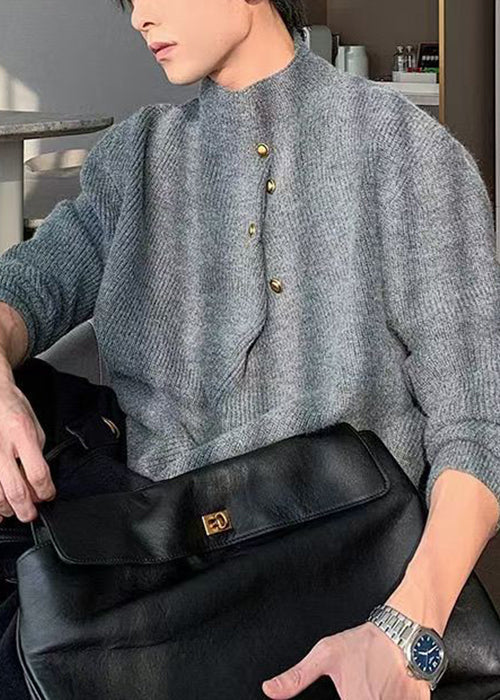 Loose Grey Button Solid Knit Men Sweater Spring TK012