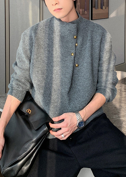 Loose Grey Button Solid Knit Men Sweater Spring TK012
