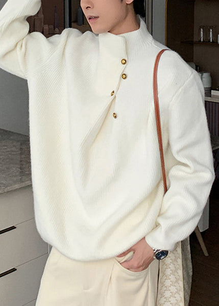 Loose Grey Button Solid Knit Men Sweater Spring TK012