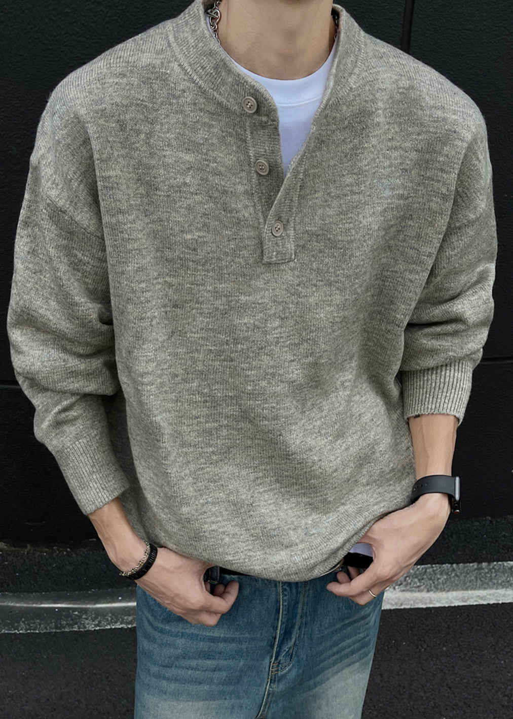 Loose Grey Button Solid Knit Men Sweaters Spring TK014