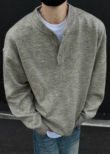 Loose Grey Button Solid Knit Men Sweaters Spring TK014
