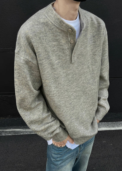 Loose Grey Button Solid Knit Men Sweaters Spring TK014