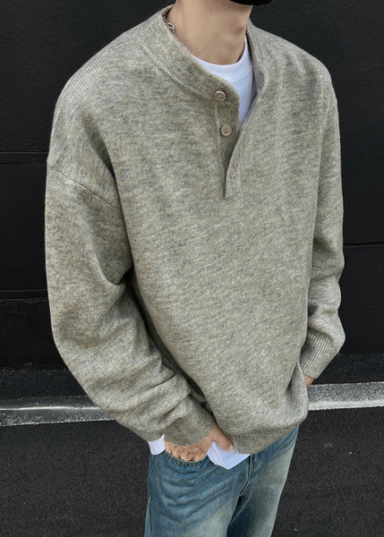 Loose Grey Button Solid Knit Men Sweaters Spring TK014