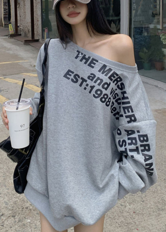 Grey Spring Print Shoulder Cotton Cold Sweatshirt Letter Loose FashionChic