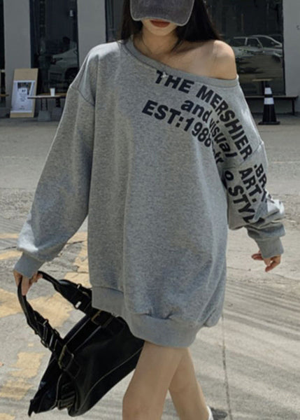 Grey Spring Print Shoulder Cotton Cold Sweatshirt Letter Loose FashionChic