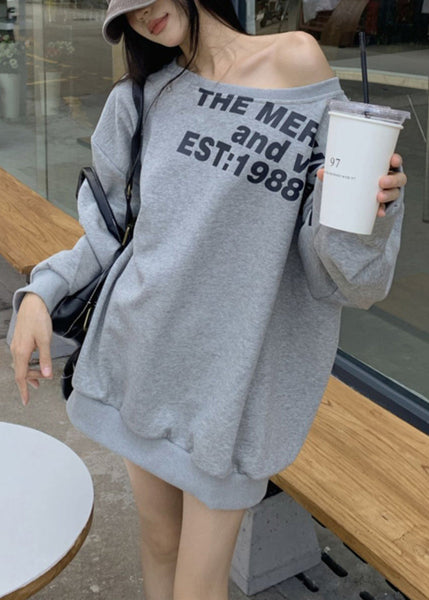 Grey Spring Print Shoulder Cotton Cold Sweatshirt Letter Loose FashionChic