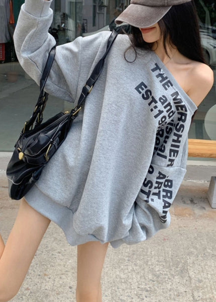 Grey Spring Print Shoulder Cotton Cold Sweatshirt Letter Loose FashionChic