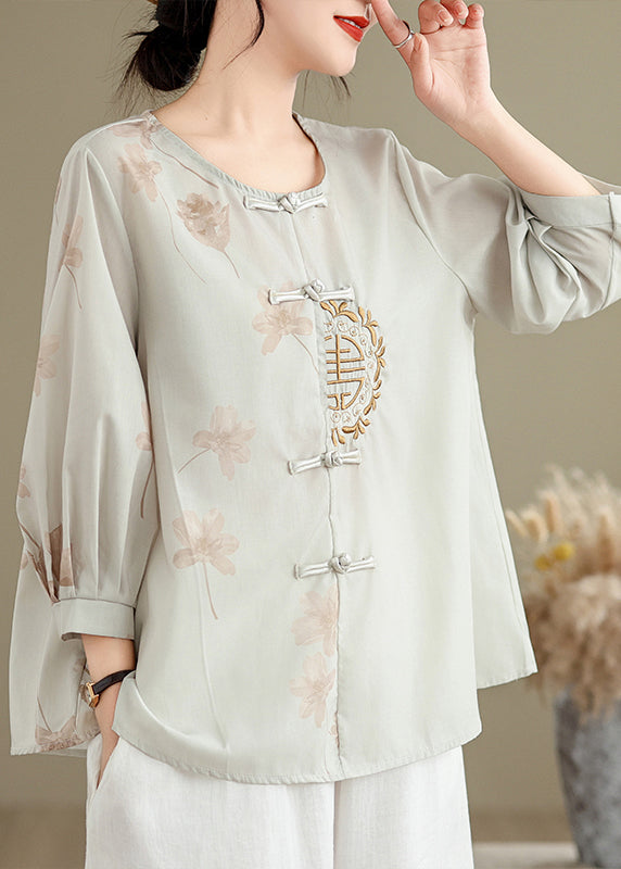 Loose Grey Embroidered Button Print Cotton Shirts Spring VV036 HS-LTP240627