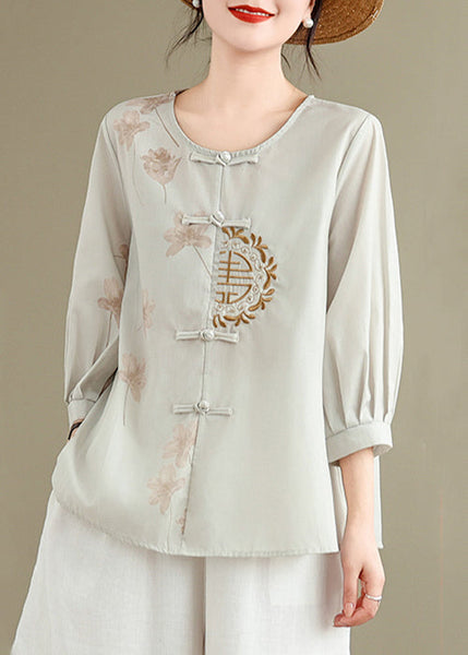 Loose Grey Embroidered Button Print Cotton Shirts Spring VV036 HS-LTP240627
