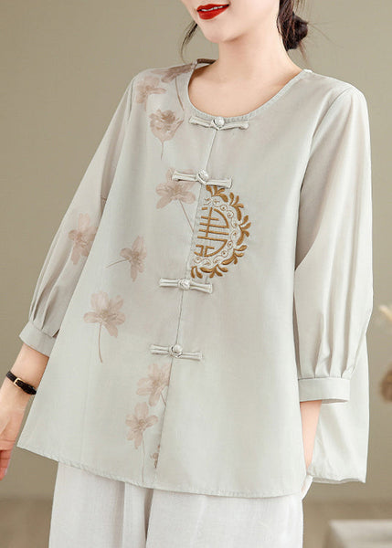 Loose Grey Embroidered Button Print Cotton Shirts Spring VV036 HS-LTP240627