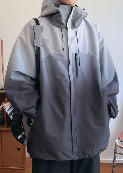Gradient Coats Zippered Cotton Color Loose Hooded Grey Mens FashionChic