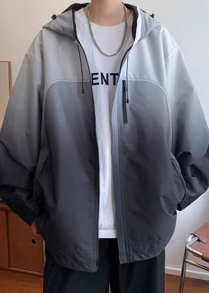 Gradient Coats Zippered Cotton Color Loose Hooded Grey Mens FashionChic