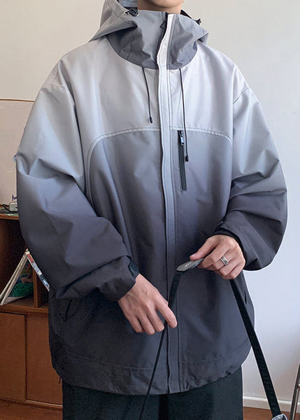 Gradient Coats Zippered Cotton Color Loose Hooded Grey Mens FashionChic