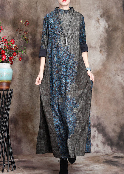 Loose Grey Half Hign Neck Print Cashmere Long Dress Fall WN008 ABC