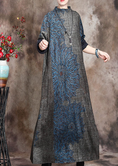 Loose Grey Half Hign Neck Print Cashmere Long Dress Fall WN008 ABC