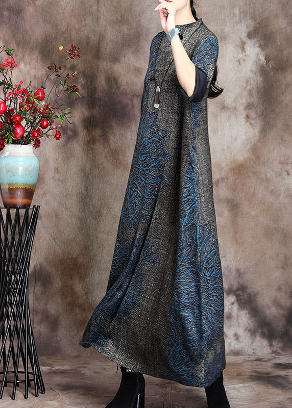 Loose Grey Half Hign Neck Print Cashmere Long Dress Fall WN008 ABC