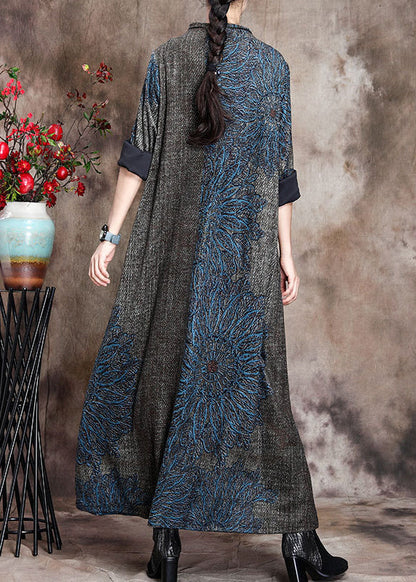 Loose Grey Half Hign Neck Print Cashmere Long Dress Fall WN008 ABC