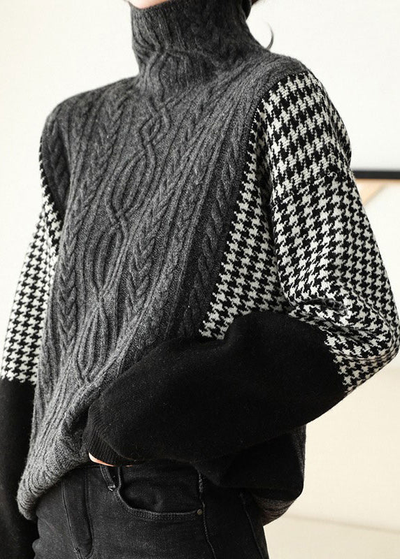 Loose Grey Hign Neck Patchwork Knit Sweater Spring YY022 ABC