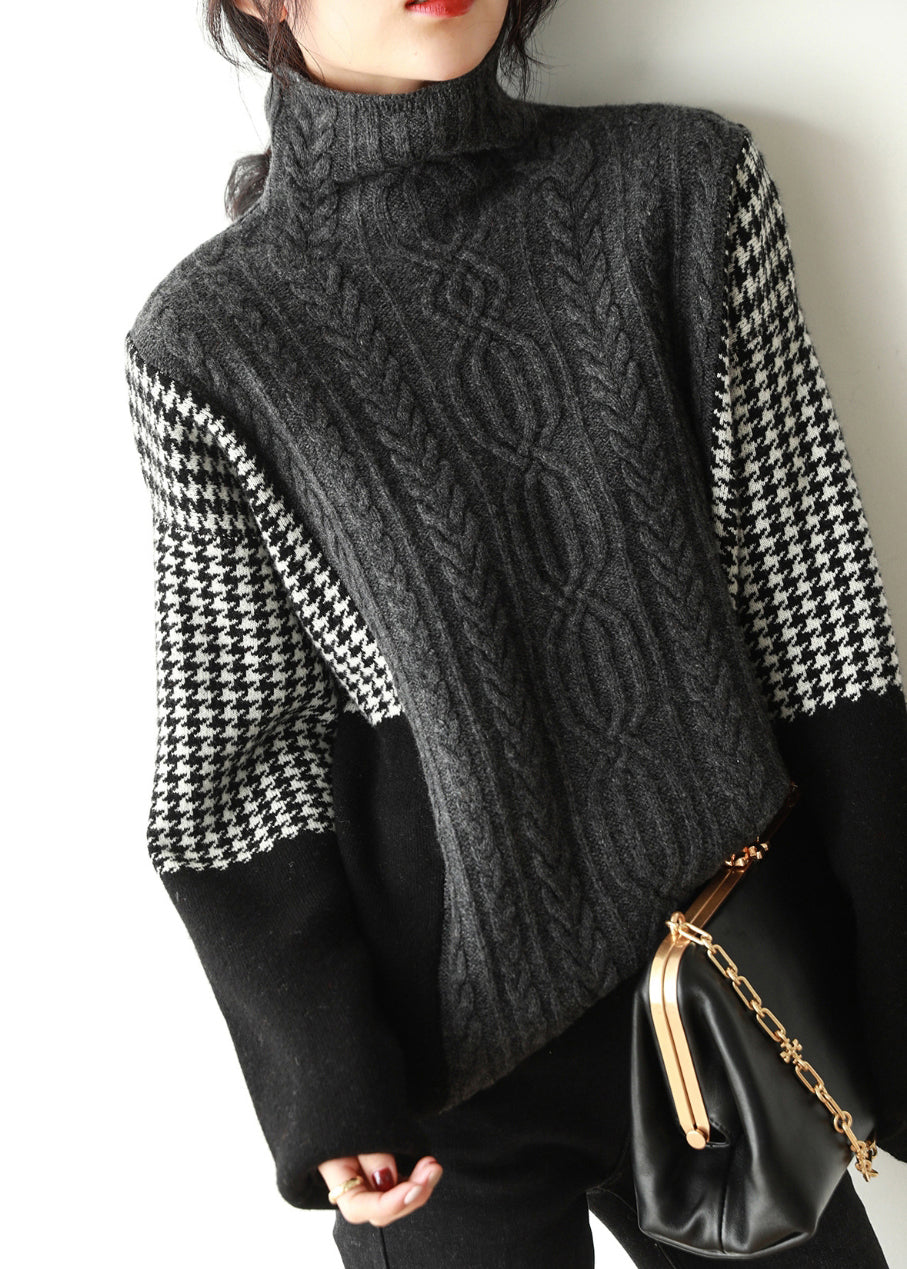 Loose Grey Hign Neck Patchwork Knit Sweater Spring YY022 ABC