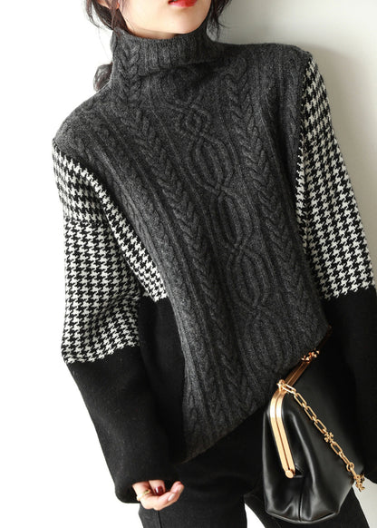 Loose Grey Hign Neck Patchwork Knit Sweater Spring YY022 ABC