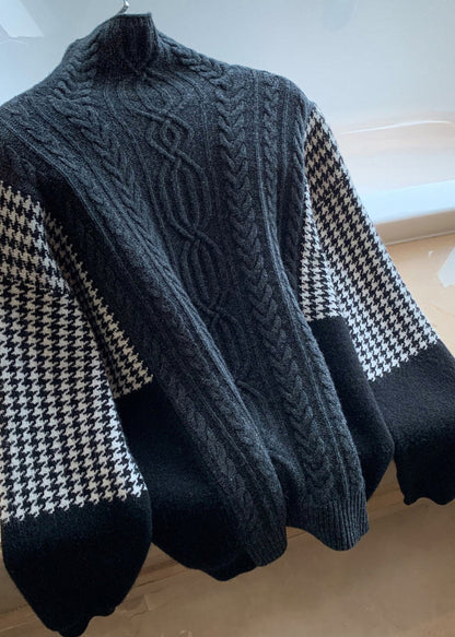 Loose Grey Hign Neck Patchwork Knit Sweater Spring YY022 ABC