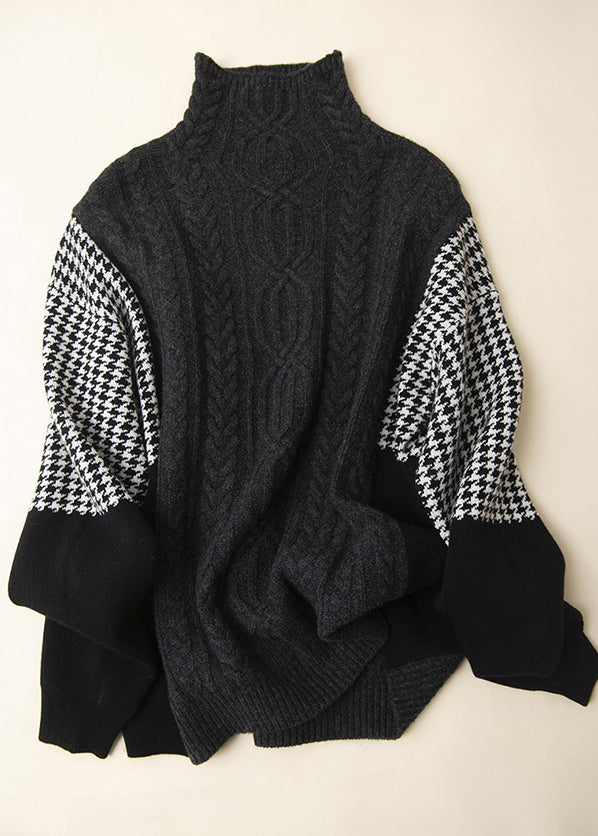 Loose Grey Hign Neck Patchwork Knit Sweater Spring YY022 ABC