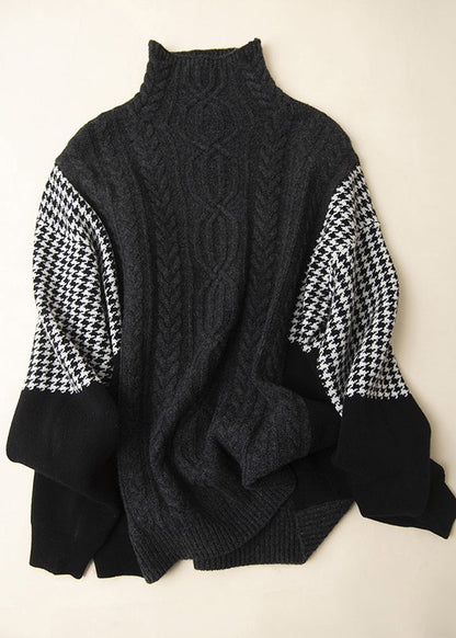 Loose Grey Hign Neck Patchwork Knit Sweater Spring YY022 ABC