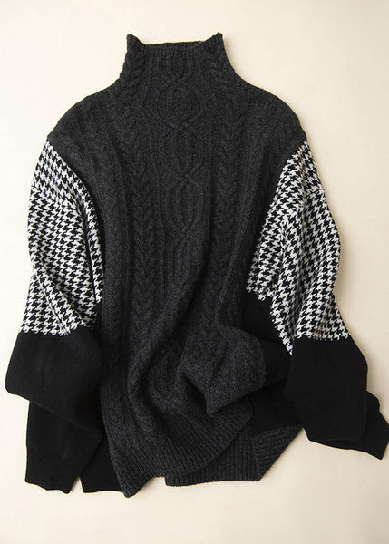 Loose Grey Hign Neck Patchwork Knit Sweater Spring YY022 ABC