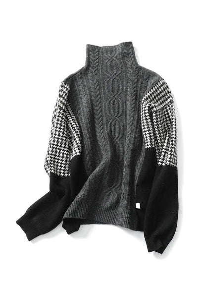 Loose Grey Hign Neck Patchwork Knit Sweater Spring YY022 ABC