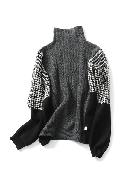 Loose Grey Hign Neck Patchwork Knit Sweater Spring YY022 ABC