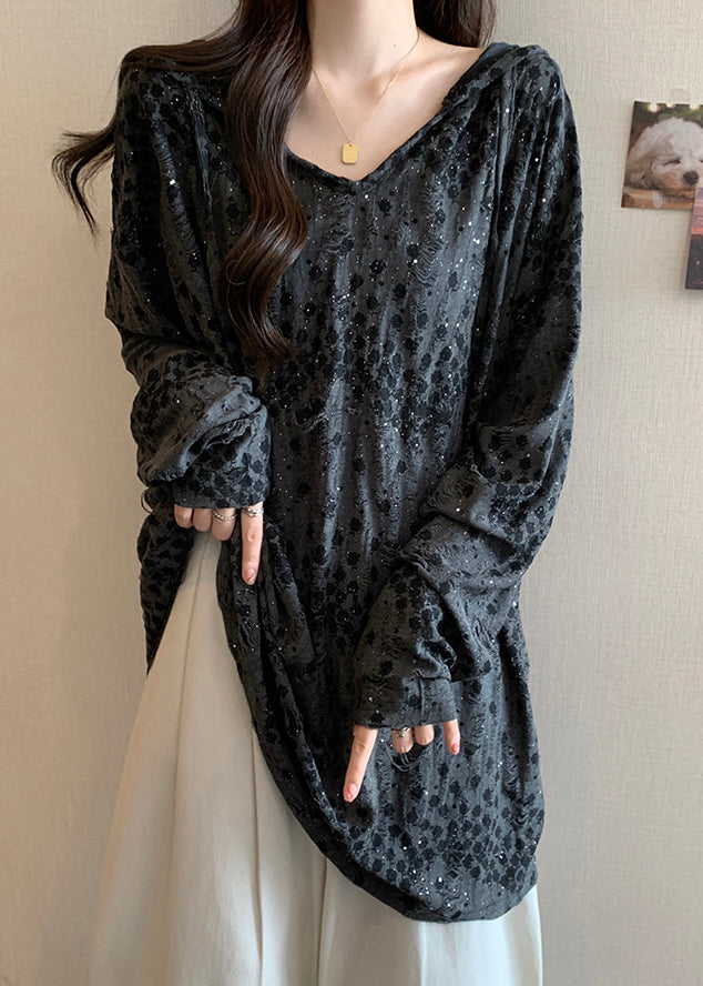 Loose Grey Hooded Print Cotton T Shirt Long Sleeve AB1011 Genistyle Shop