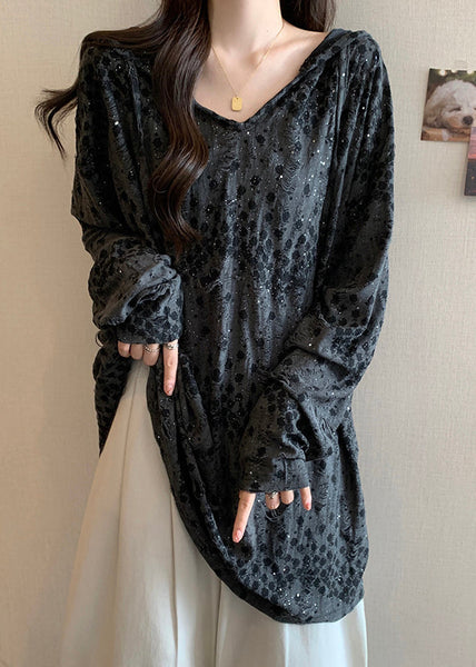 Loose Grey Hooded Print Cotton T Shirt Long Sleeve AB1011 Genistyle Shop