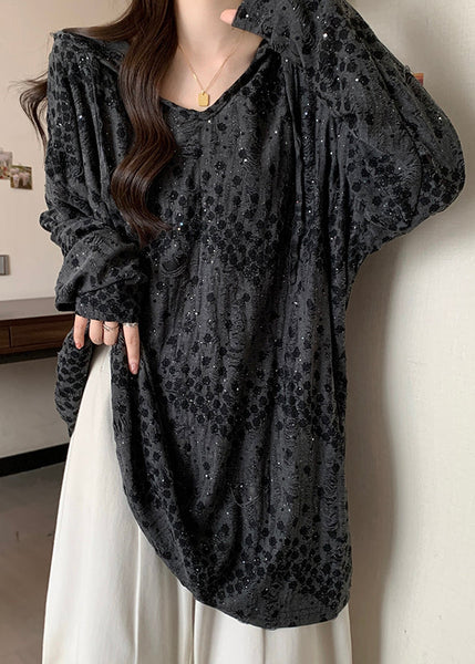 Loose Grey Hooded Print Cotton T Shirt Long Sleeve AB1011 Genistyle Shop