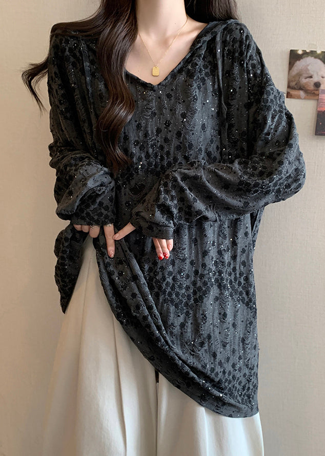 Loose Grey Hooded Print Cotton T Shirt Long Sleeve AB1011 Genistyle Shop