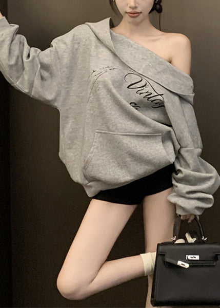 Loose Grey Hooded Print Pockets Cotton Sweatshirt Fall WM009 ABC