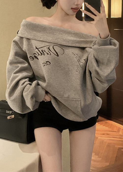 Loose Grey Hooded Print Pockets Cotton Sweatshirt Fall WM009 ABC