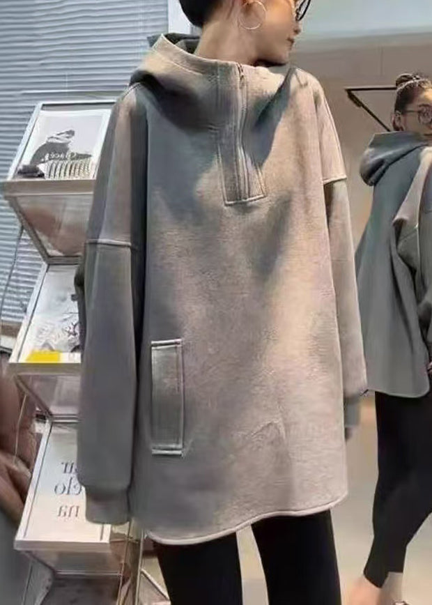 Loose Spring Zippered Hooded Cotton Sweatshirts Grey FashionChic