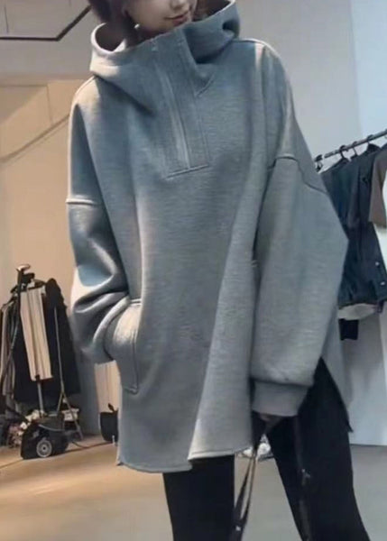 Loose Spring Zippered Hooded Cotton Sweatshirts Grey FashionChic