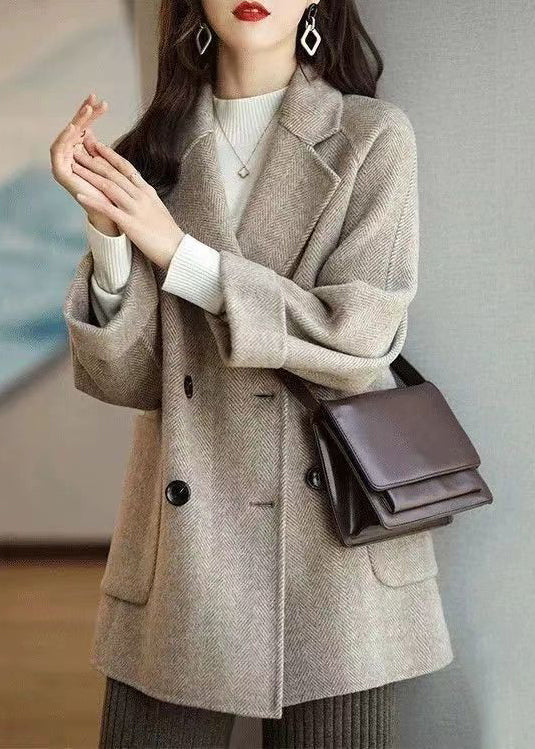 Loose Grey Notched Pockets Double Breast Woolen Coat Winter RS020 ABC